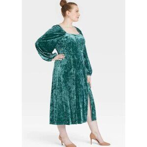 Green Crushed Velvet Square‎ Neck Maxi Dress Size 14W Plus Size X Balloon Sleeve